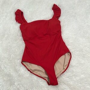 Albion Red Ribbed One Piece Swimsuit with Ruffled Straps